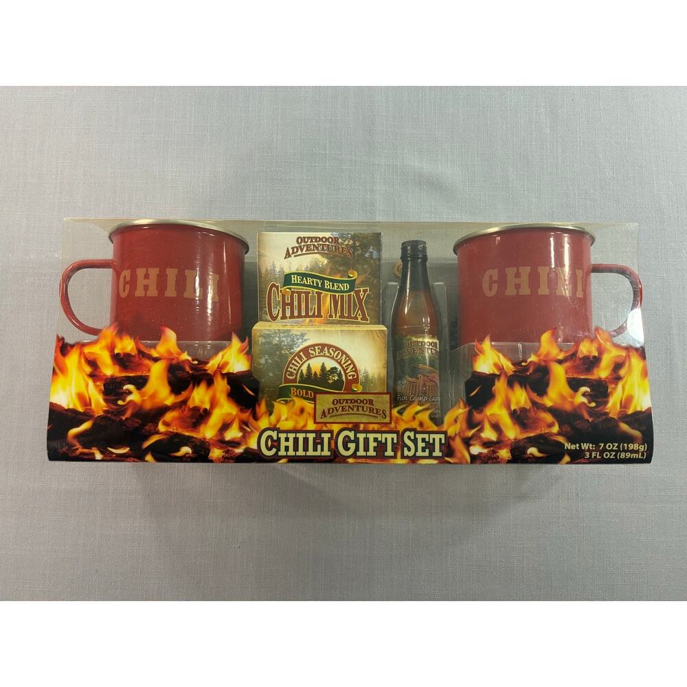 Outdoor Adventures Chili Gift Set 2 Enamel Mugs Hot Sauce Mix Boxed Camp Set